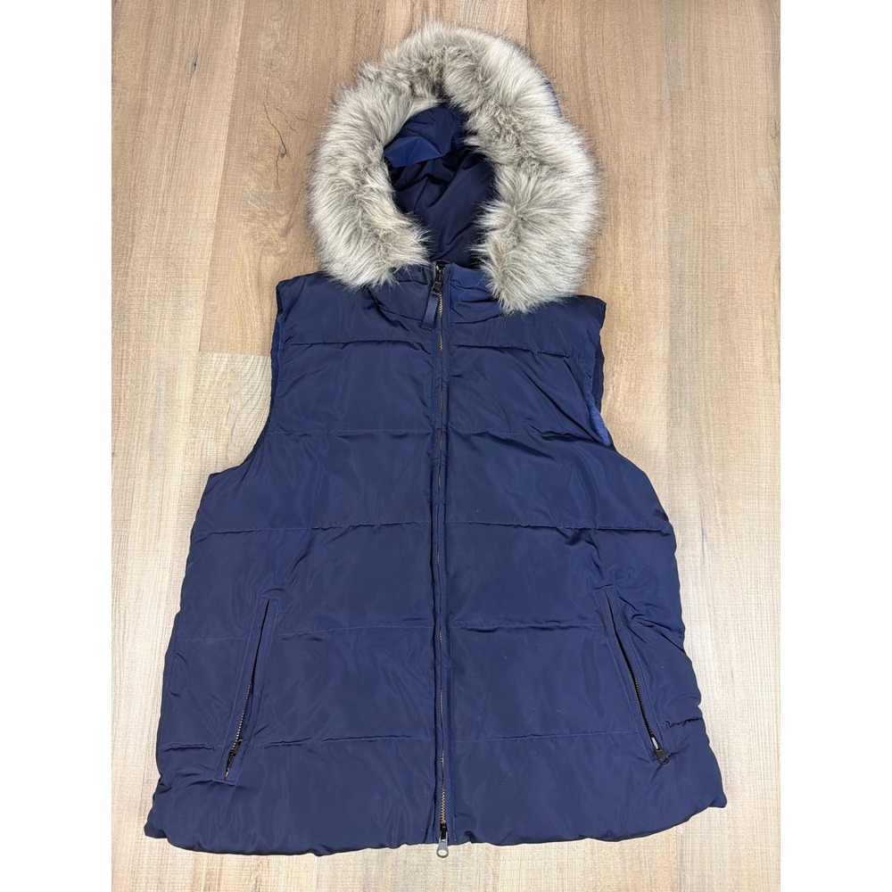 Gap Navy Blue PrimaLoft Puffer Vest Faux Fur Trim Hood 241095-03 Womens Small
